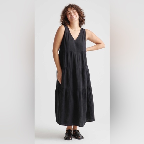 QUINCE Tiered Maxi Dress Organic Gauze Cotton Large Grey/ Indigo Blue - Picture 3 of 9